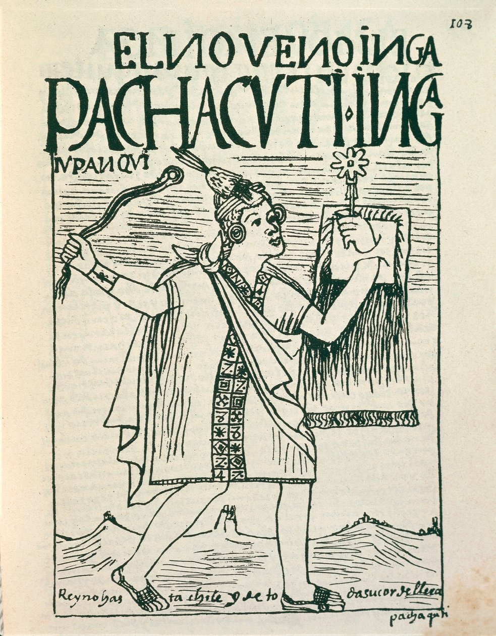 Portrét velkého inckého císaře Pachacutca (kresba tuší od Felipe Huaman Poma de Ayala
