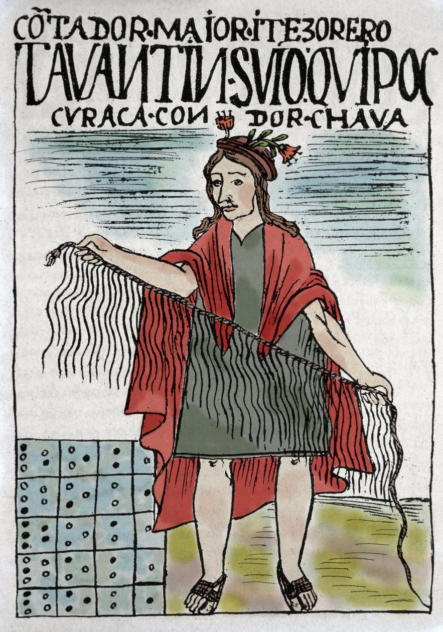 Quipu (Quipo Quipou) Incký účetní systém v provazech a uzlech, kultura Inků 1400-1532 n. l., rukopis Felipe Guamana Puma de Ayala (Nueva Coronica y Buen Gobierno), indický fejetonista 16. století. od Felipe Huaman Poma de Ayala