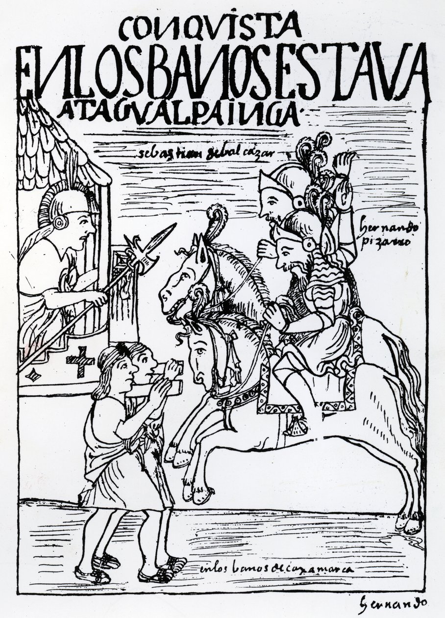 Sebastian de Benalcazar a Hernando Pizarro se střetávají s Inkou Atahualpou v královských lázních v Cajamarce (dřevoryt) od Felipe Huaman Poma de Ayala