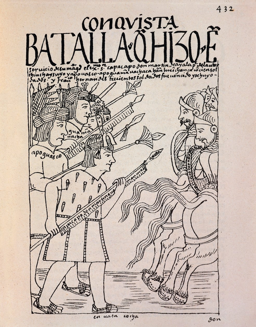 Dobytí Cuzca španělskými dobyvateli v roce 1533 (kresba tuší od Felipe Huaman Poma de Ayala