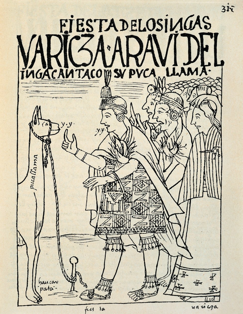Oběť lamy u příležitosti inckého obřadu (kresba tuší, kolem roku 1587) od Felipe Huaman Poma de Ayala