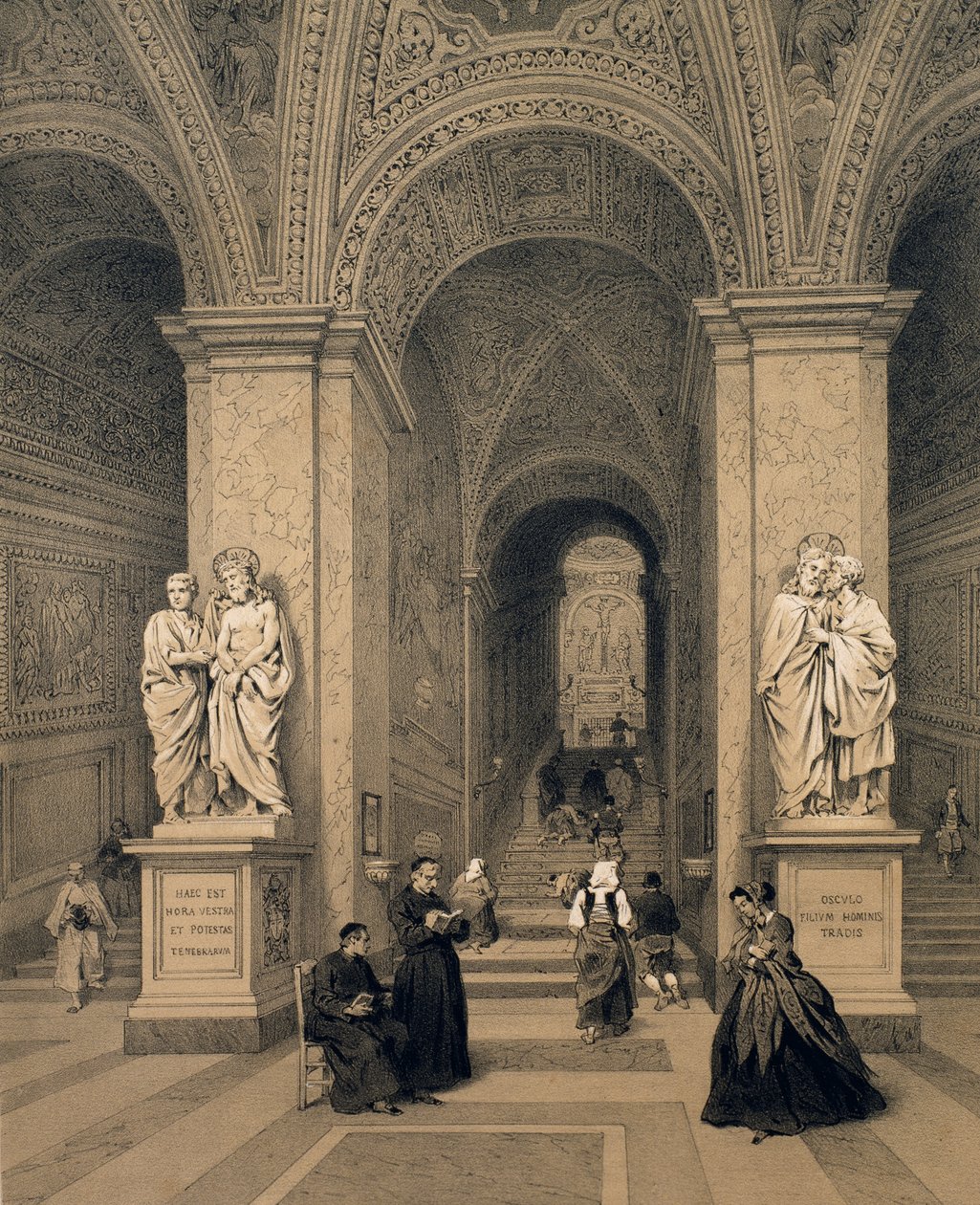 Posvátné schodiště Santi Sanctuary v Římě, ilustrace z alba „Rome dans sa grandeur“, 1870 od Felix Benoist