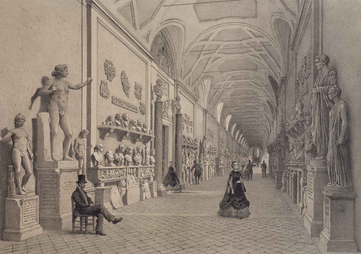 Vatikánská muzea, galerie Chiaramonti a vchod do galerie Braccio Nuovo, Řím, ilustrace z alba „Rome dans sa grandeur“, vyryl Philippe Benoist (nar. 1813) 1870 od Felix Benoist