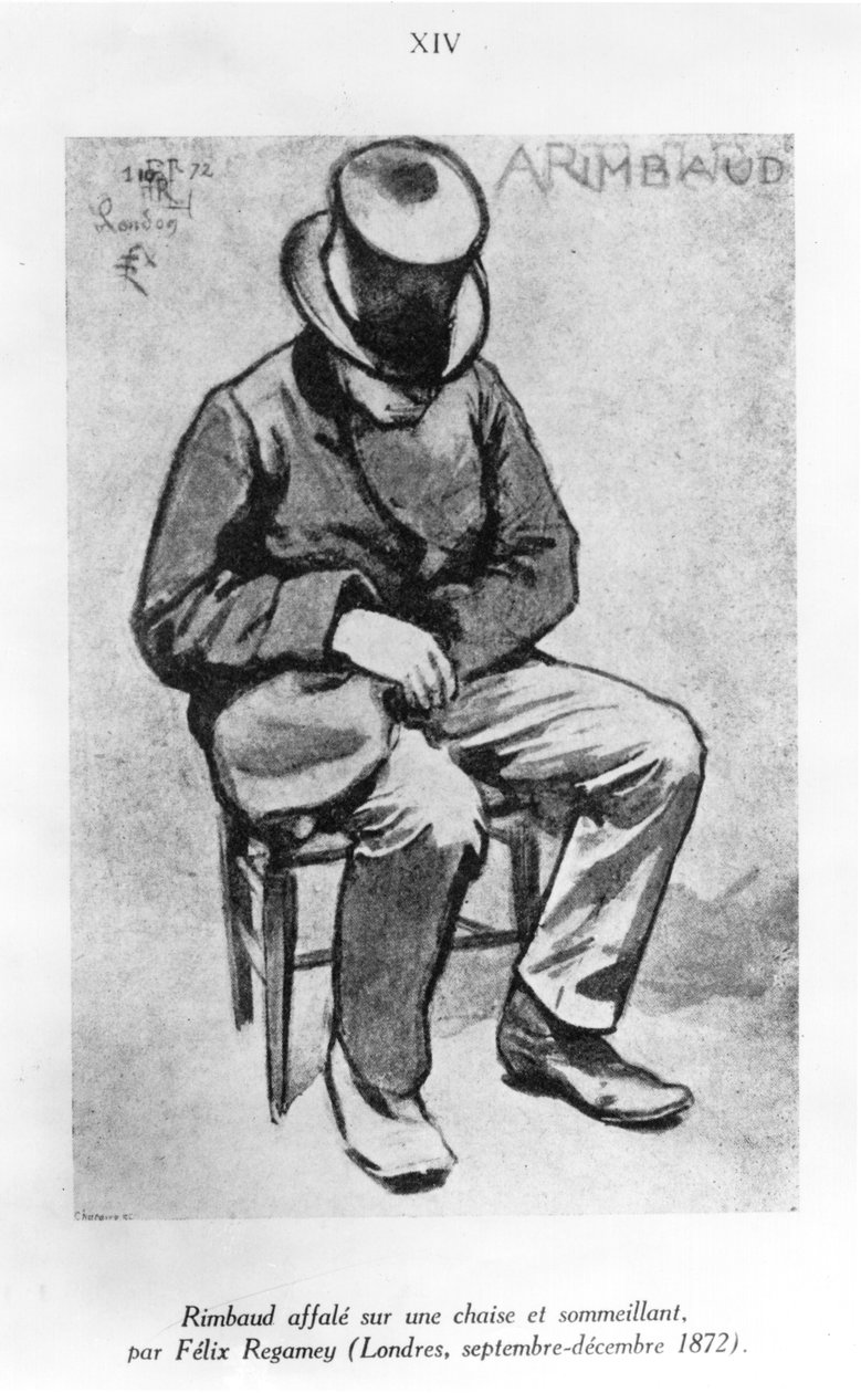 Arthur Rimbaud (1854–1891) padlý na židli a dřímající, v Londýně, 1872 (praní a inkoust na papíře) od Felix Regamey