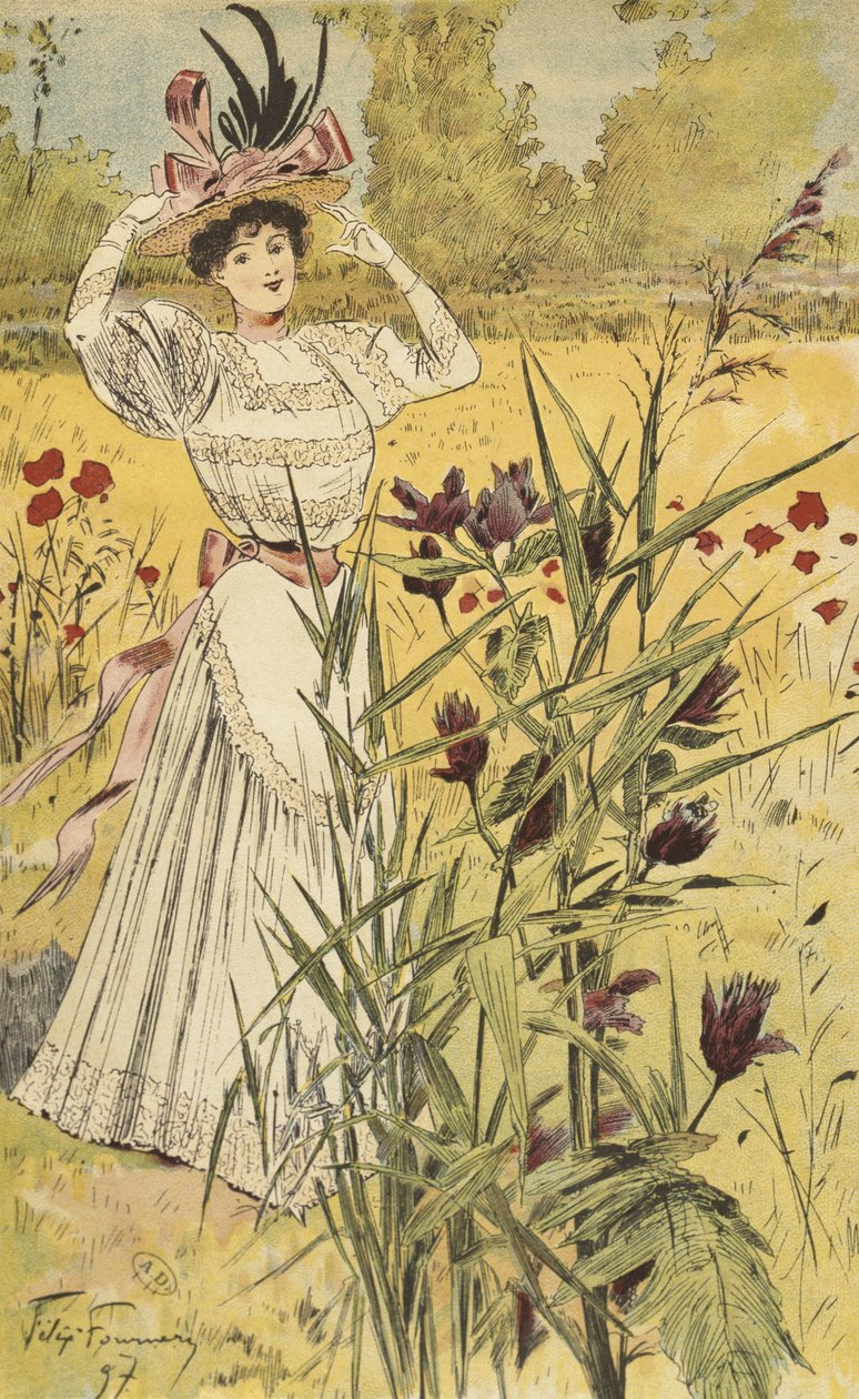 Módní talíř, na venkově, ilustrace z „La Nouvelle Mode“, 1897 (barevná rytina) od Felix Fournery