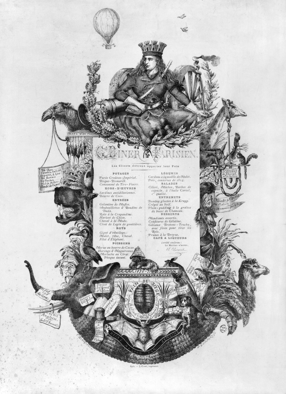 Grand Diner Parisien, menu vystavené během obléhání Paříže, 1870-71 (černobílá fotografie) od Felix Jean Gauchard