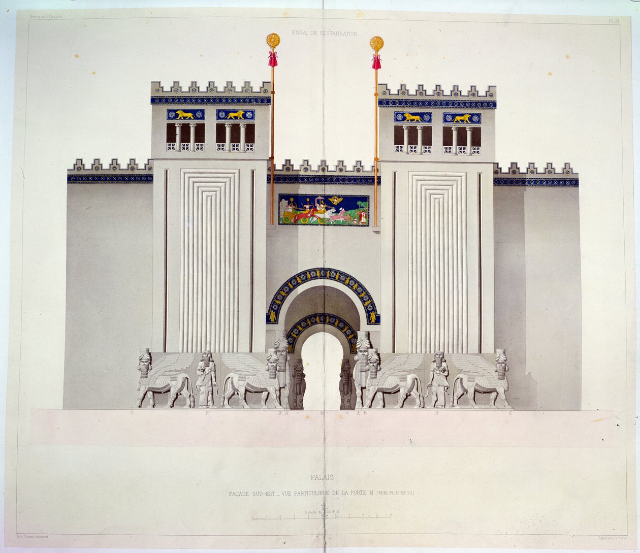 Rekonstrukce vchodu do paláce Sargon II (721-705 př.nl) v Khorsabad, Irák, 1867 (barevná rytina) od Felix Thomas