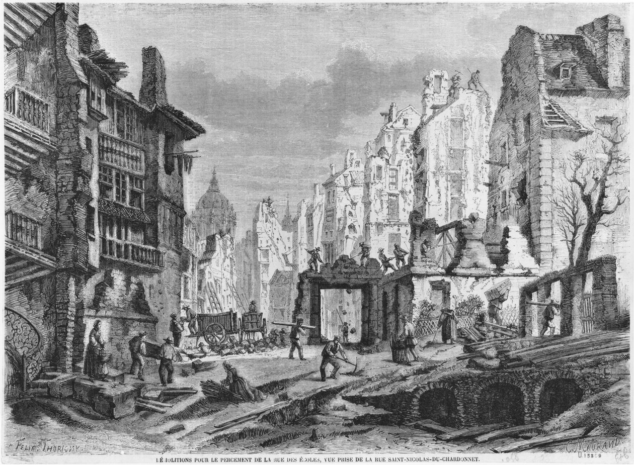 Paříž, demolice budovy Rue des Ecoles, pohled z rue Saint-Nicolas du Chardonnet, vyrytý Charles Maurand (19. století) od Felix Thorigny