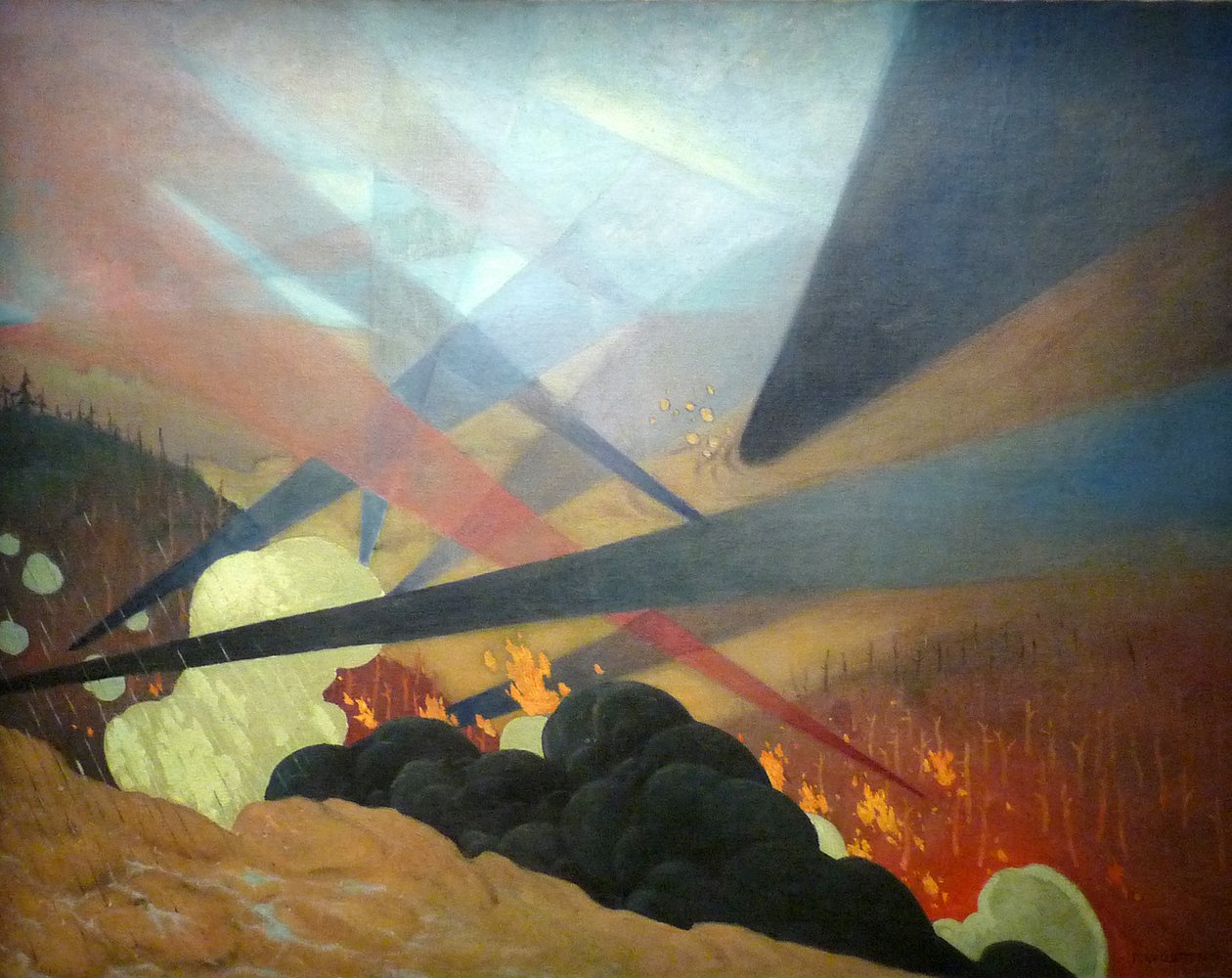 Verdun, interpretovaná válečná malba, černé, modré a červené barevné projekce, zdevastovaný terén, mraky gaznu od Felix Edouard Vallotton