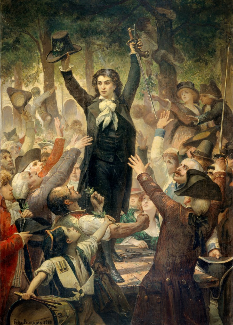 Camille Desmoulins (1760-1794) hlídal patrioty v zahradách královského paláce Premiérová scéna francouzské revoluce v Paříži: 12. 7. 1789, poté, co král odvolal Jacquese Neckera, Camille Desmoulins zařídila dav v Královském paláci od Félix Joseph Barrias