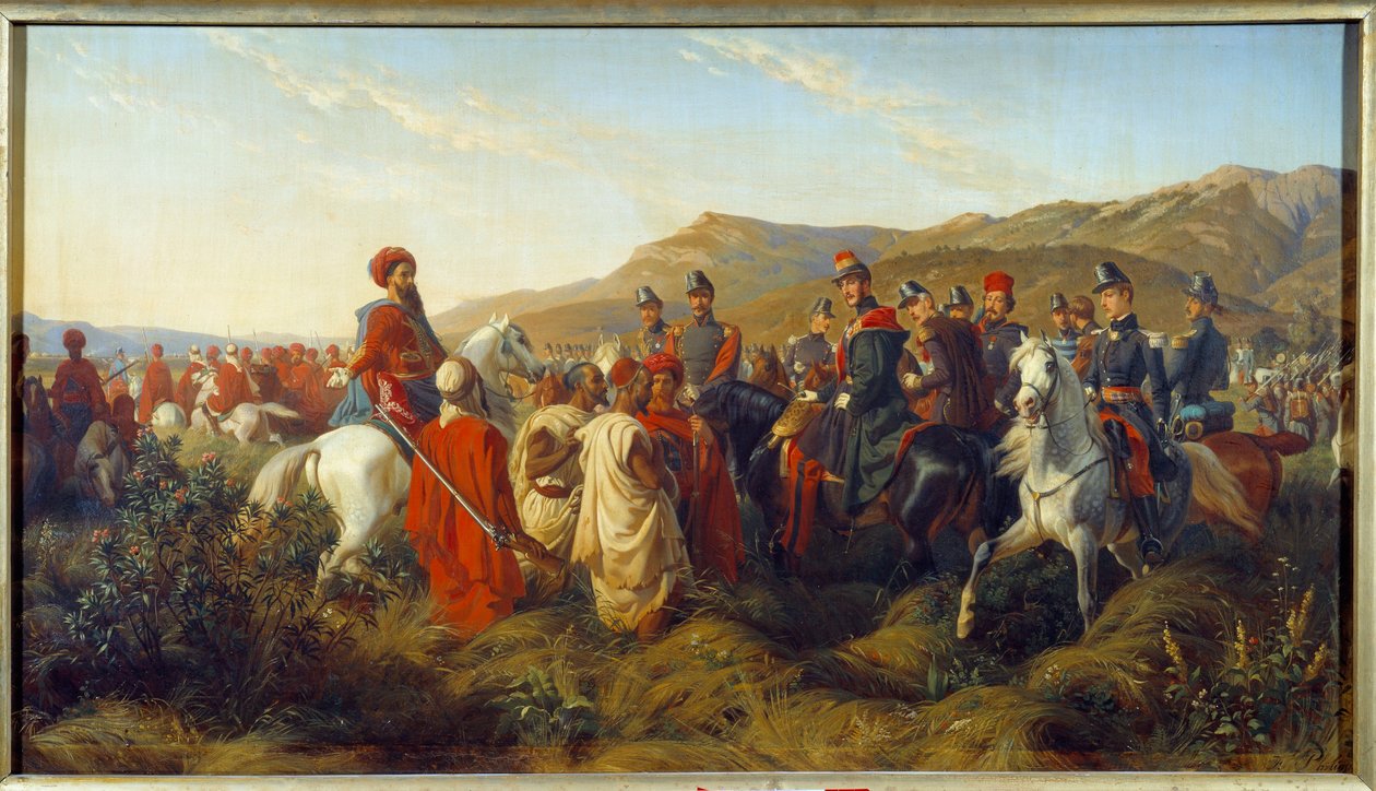 Conquete of Algeria (1830-1847): Epizoda tažení do Alžírska v roce 1840 - vévoda z Orleans Ferdinand Philippe (Ferdinand-Philippe) (1810-1842), syn krále Ludvíka Filipa (Louis-Philippe) 1., poskytuje svobodu dva arabští zajatci poblíž tábora bl od Felix (after) Philippoteaux