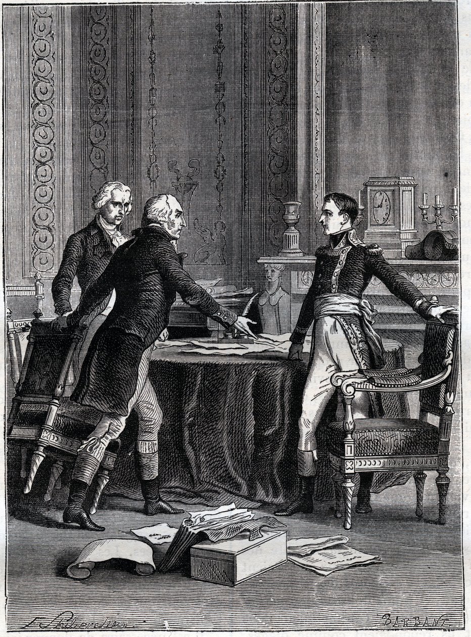 První porada tří konzulů v Peer-Lucembursku - Napoleon Bonaparte, Emmanuel Joseph Sieyes a Pierre Roger-Ducos 1799 - rytina Barbant, po Philippoteaux - První konzulát, 24 Frimaire VIII (15. prosince 1799), první setkání 1. od Felix (after) Philippoteaux