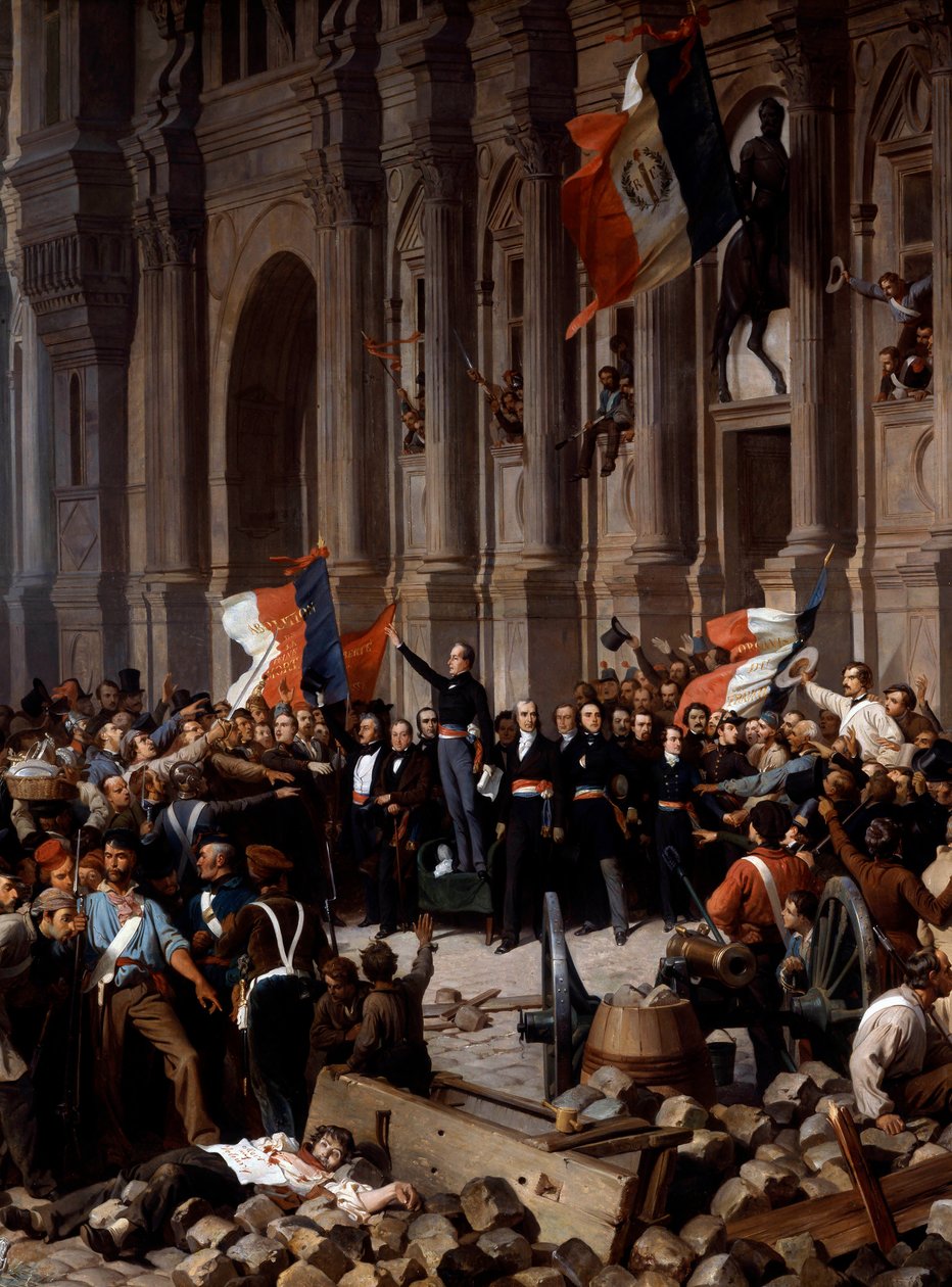 Revoluce 1848: Alphonse de Lamartine (1790 - 1869), odmítnutí rudé vlajky pro vlajku trikolóry, na radnici. Paříž, 26. února 1848. Detail obrazu Henri Felix Philippoteaux (1815 - 1884), Paříž, Musee Du PetitPalais - Revoluce 1848 od Felix (after) Philippoteaux