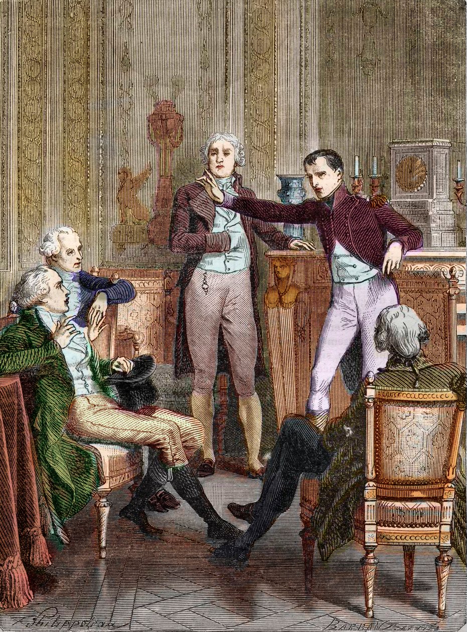 První konzul Bonaparte mluví s matematikem Gaspard Monge - diskuse entre Bonaparte, Premier Consul, et Gaspard Monge (1746-1818) rytina Felix Philippoteaux (1815-1884). od Felix (after) Philippoteaux