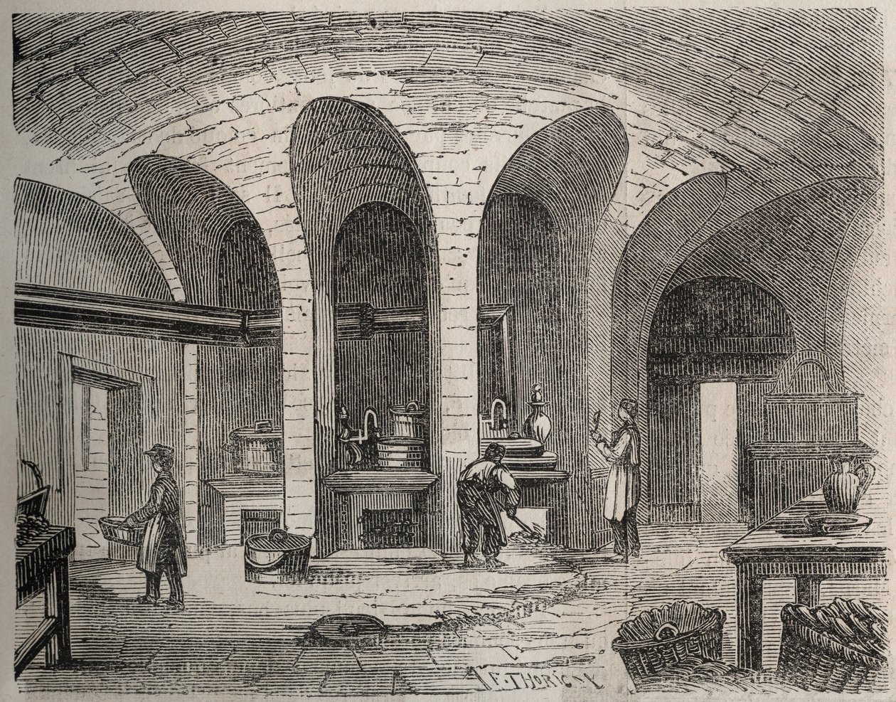 Paříž - Prison de la petite Roquette (vězení pro ženy a teenagery) - Les Cuisines - Rytina podle Felixe Thorignyho - v Le Monde Illustre z července 1865 od Felix (after) Thorigny