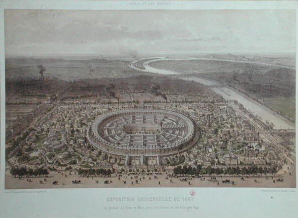 Celkový pohled na Světovou výstavu v Paříži v roce 1867, pořízený z Rapp Gate (barevné litho) od Felix Benoist