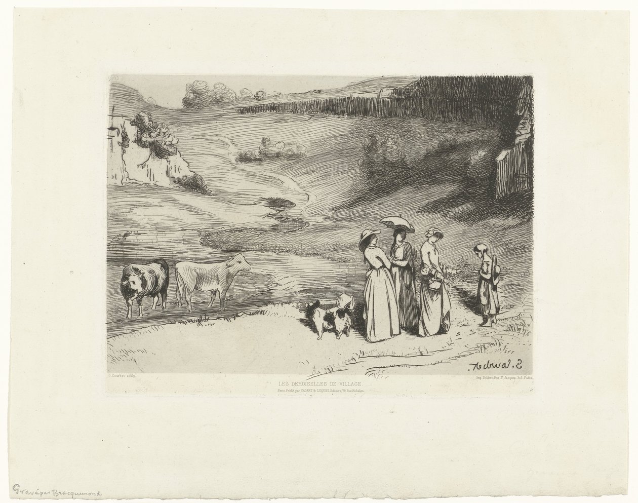 Mladé ženy dávají peníze pastýřce v kopcovité krajině Les demoiselles du villages (název na objektu) od Felix Bracquemond