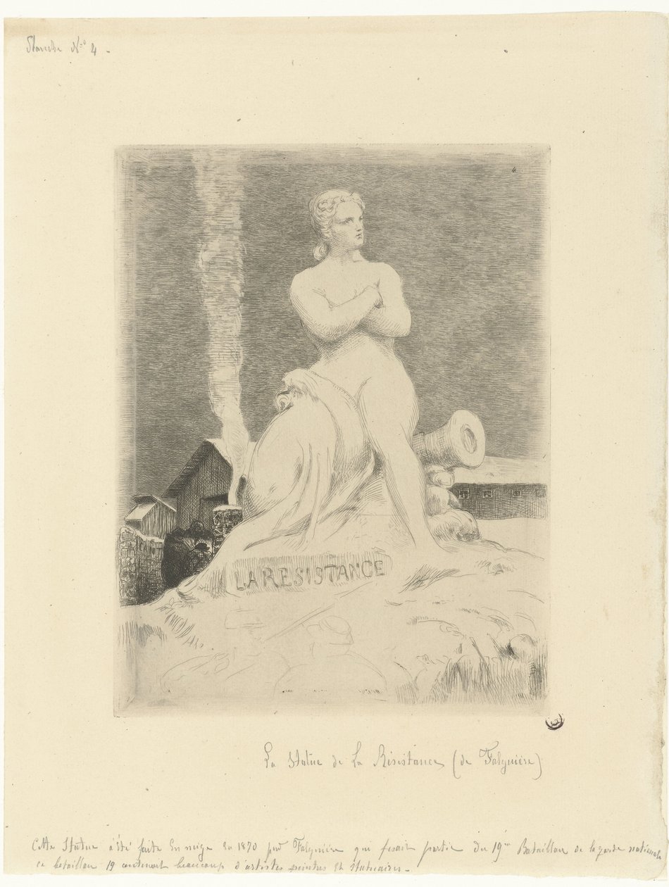 Socha La Résistance (odboj) Alexandra Falguièra a vojáků během obléhání Paříže La Resistance Siège de Paris en 1870 (název série) od Felix Bracquemond