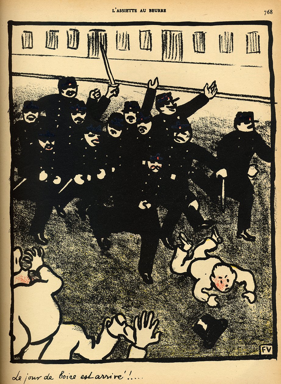 Policejní brigáda obviňuje skupinu demonstrantů ze speciální edice „Zločiny a tresty“ z 1. března 1902 (barevně lito) od Felix Edouard Vallotton