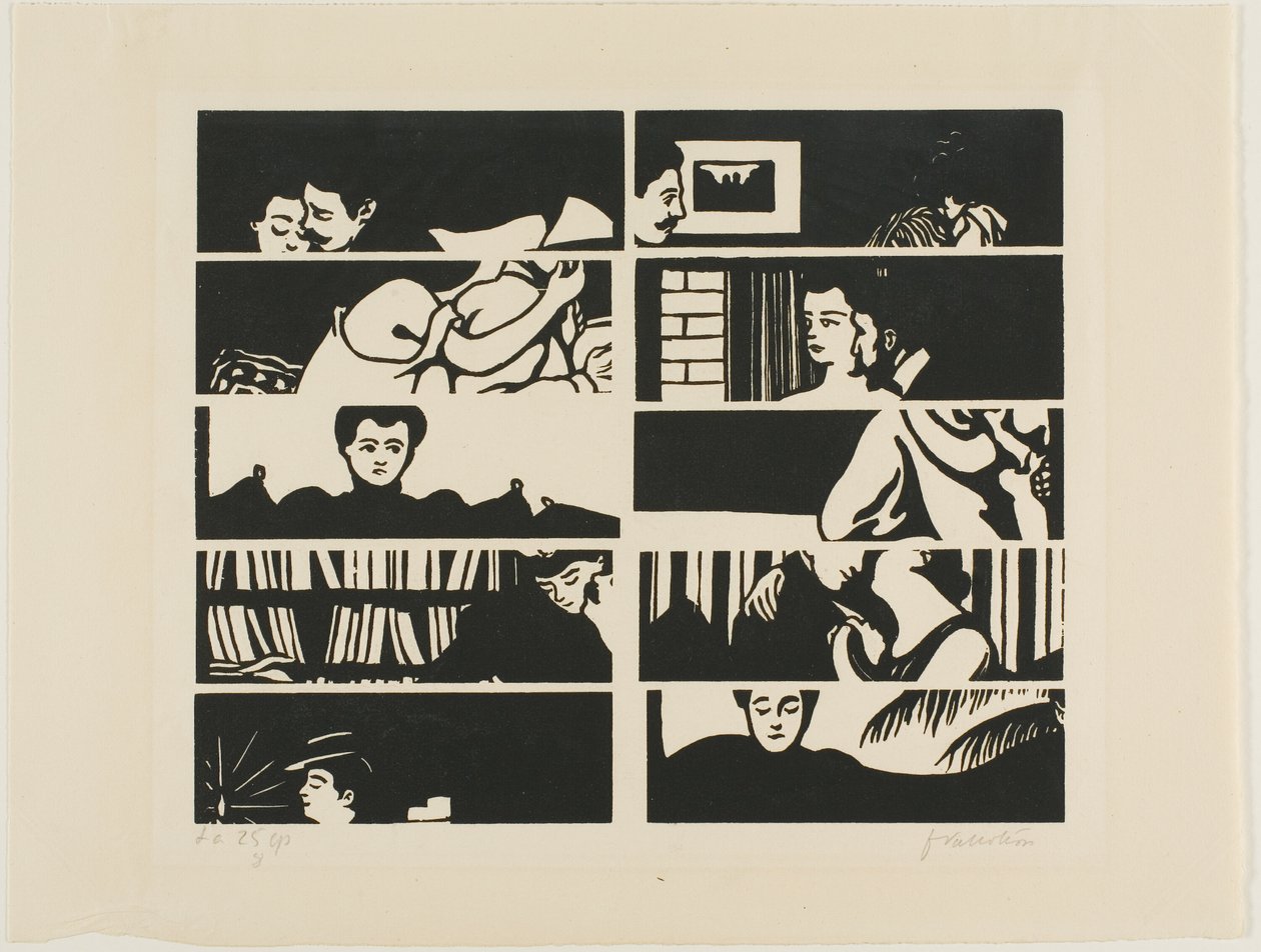 Storno list, fragmenty deseti dřevěných bloků z Intimností od Felix Edouard Vallotton