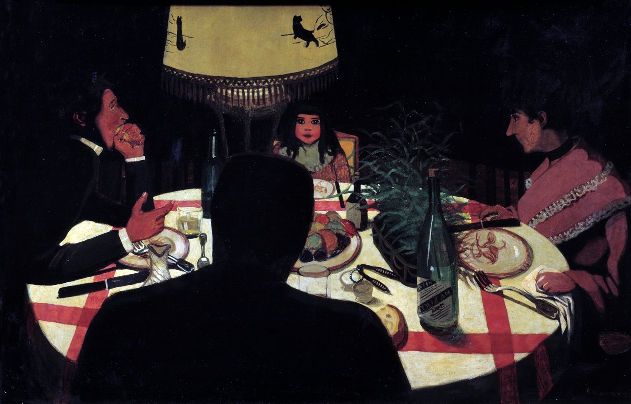Večeře, efekt lampy. Reprezentace malíře obklopuje jeho ženu a krásné děti. Obraz Felixe Vallottona (1865-1925) Ec. Následovat od Felix Edouard Vallotton