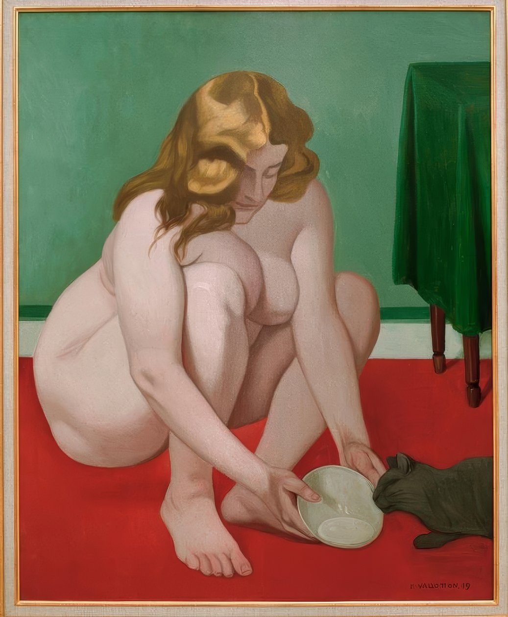 Krčící se žena nabízející mléko kočce od Felix Edouard Vallotton