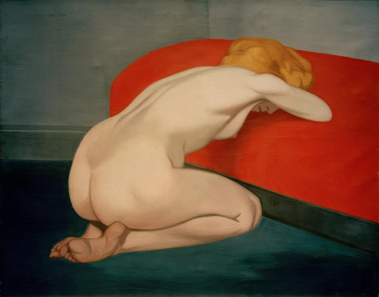 Nahá žena klečící před červenou pohovkou od Felix Edouard Vallotton