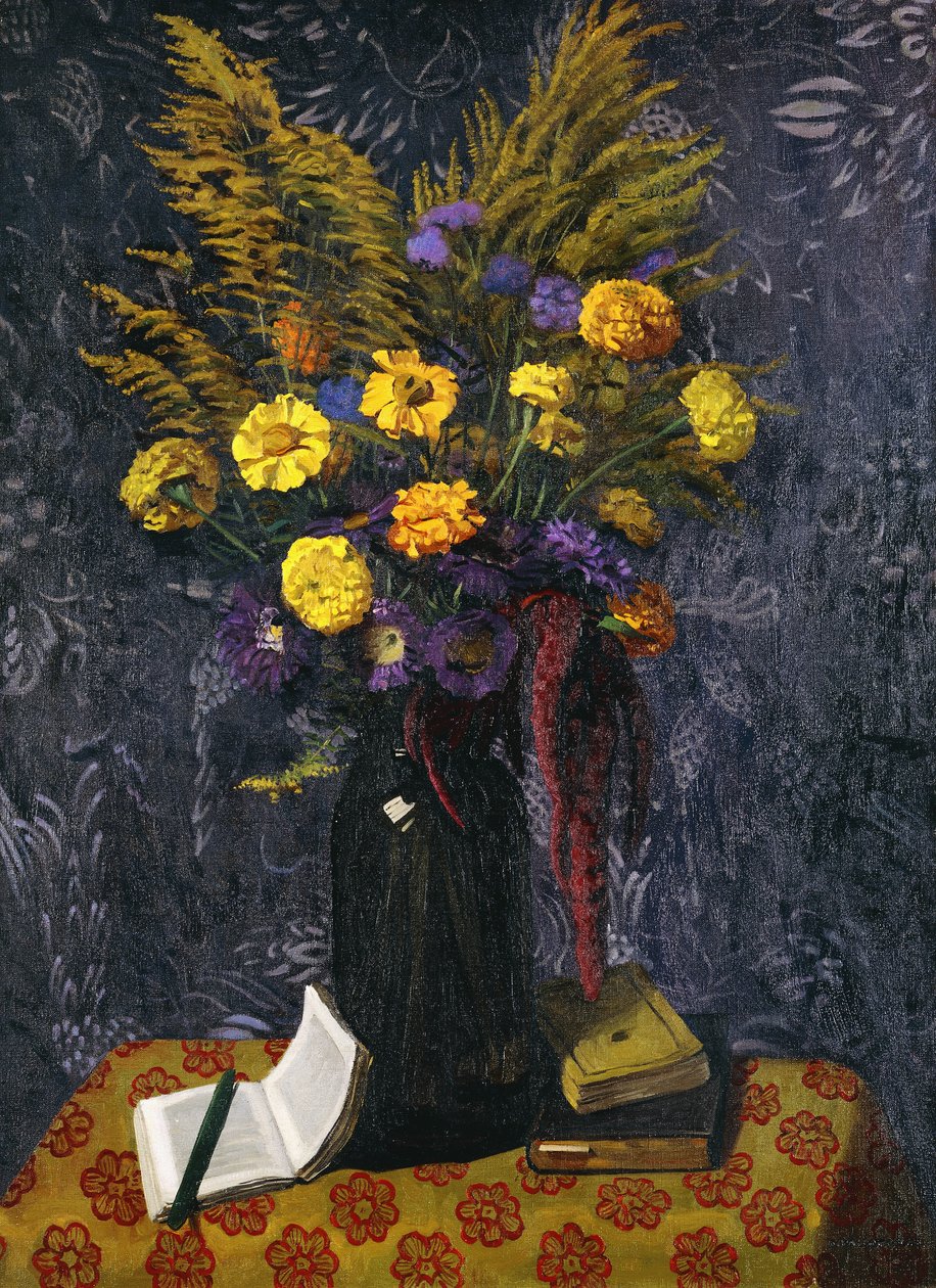 Francouzský měsíček, fialové sedmikrásky a zlaté snopy; Měsíčky, fialové sedmikrásky a zlaté Gerby, 1925 od Felix Edouard Vallotton