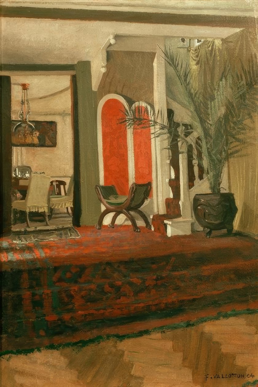 Interiér, obývací pokoj se schodištěm a jídelnou v zám od Felix Edouard Vallotton