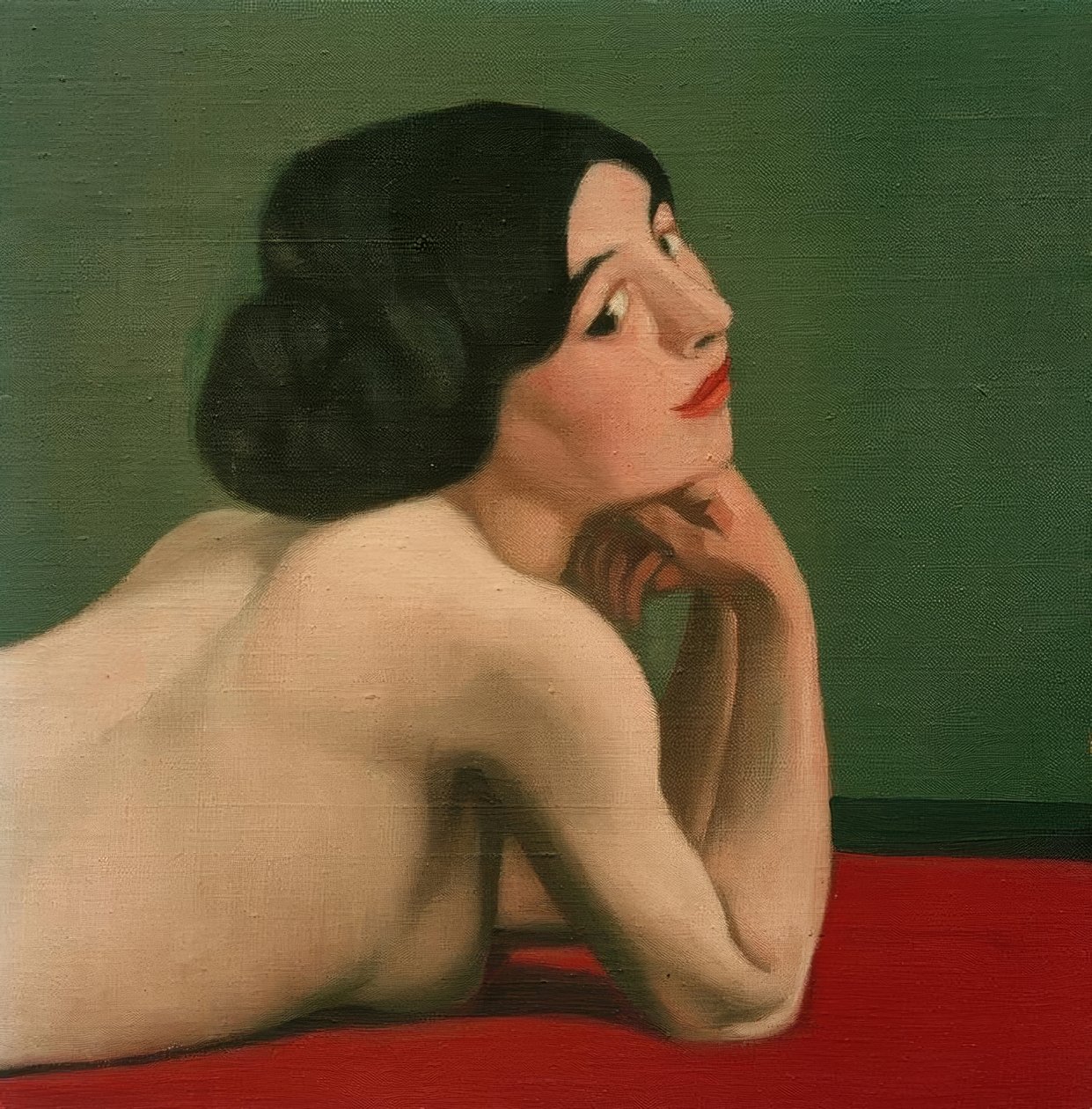 Nahá ležící na červeném koberci od Felix Edouard Vallotton
