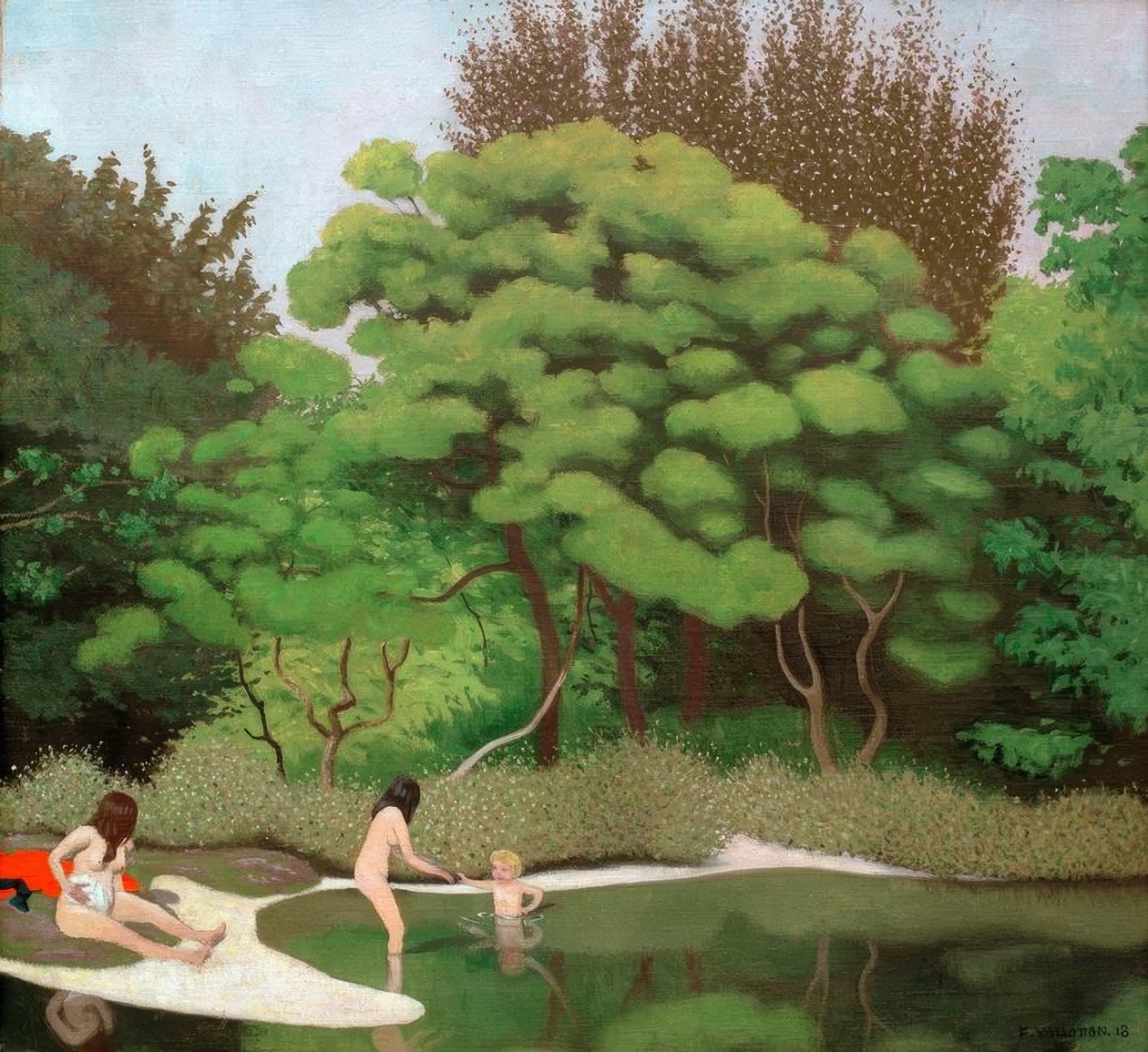 Slunná podlesní krajina se dvěma ženami a dítětem od Felix Edouard Vallotton
