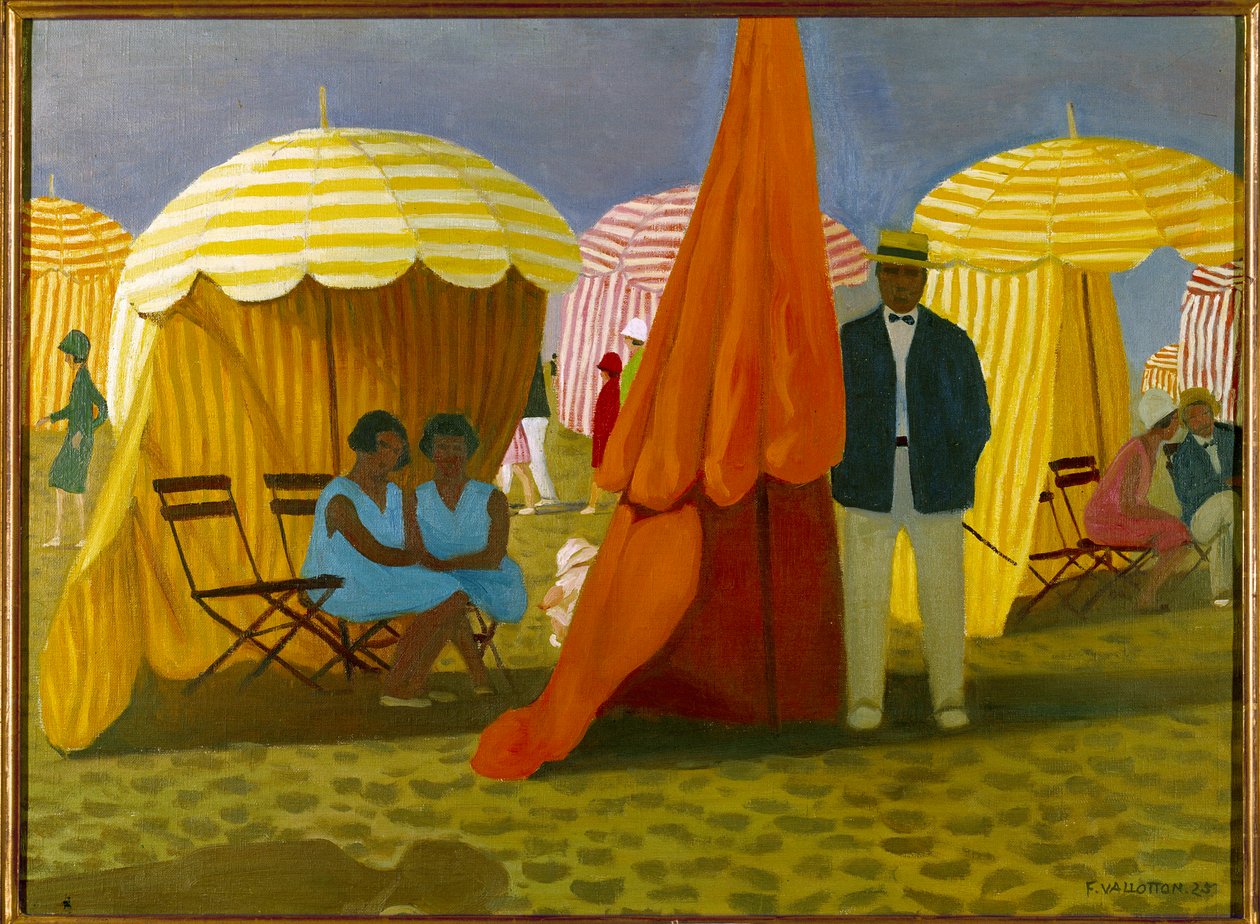 Pláž. Rekreanti pod deštníky chráněni před větrem. Obraz Felixe Vallottona (1865-1925) Ec. Následovat. od Felix Edouard Vallotton