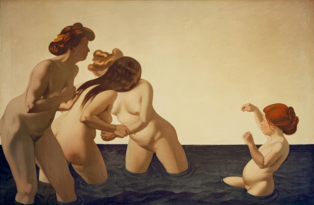 Tři ženy a malá holčička si hrají ve vodě od Felix Edouard Vallotton