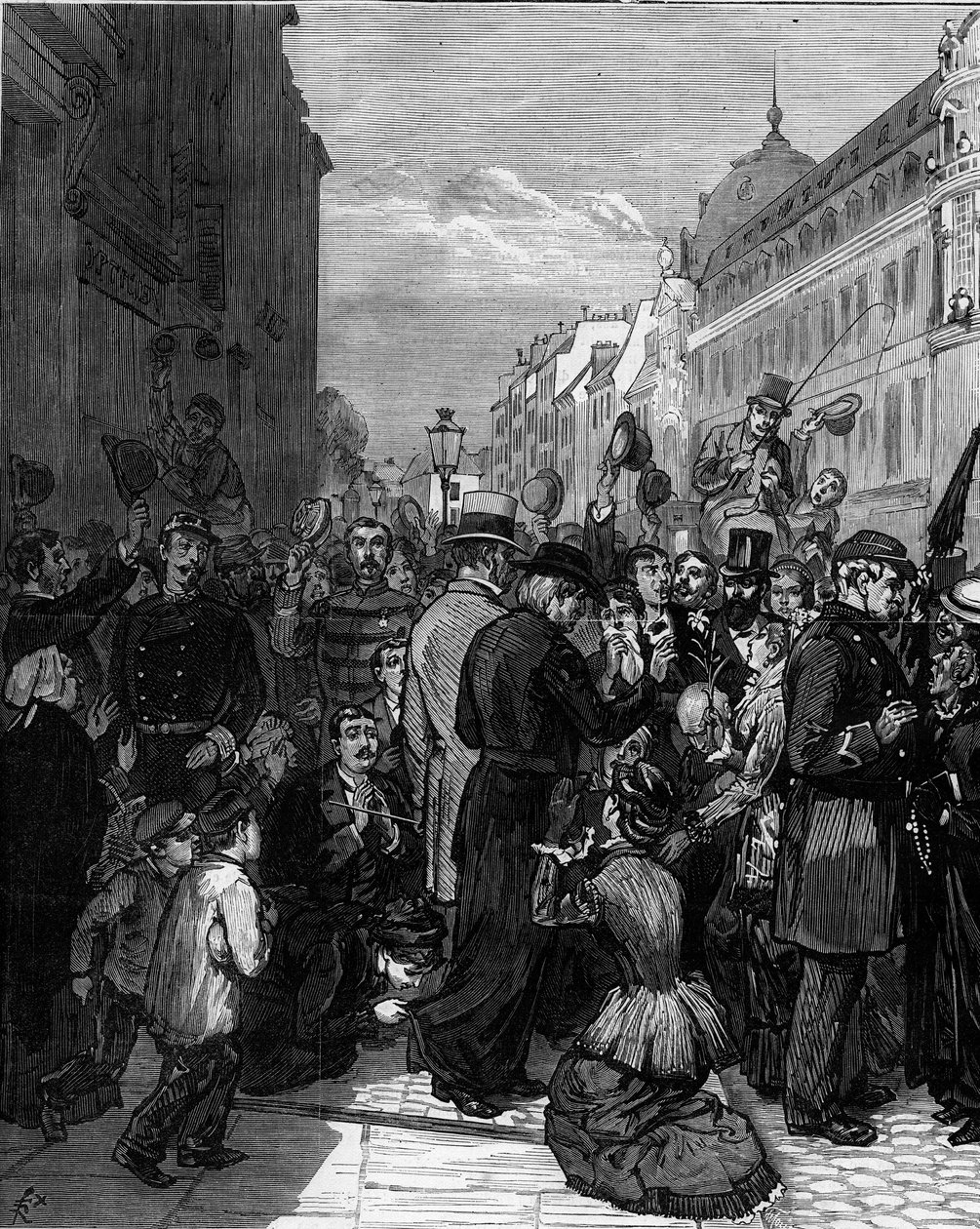 Deportace jezuitů z Rue de Sevres v Paříži na základě dekretů z března 1880 vydaných Julesem Ferrym a odebrání práva vyučovat členům nepovolených náboženských kongregací: pařížské obyvatelstvo projevuje solidaritu s vystěhováním od Felix Elie Regamey