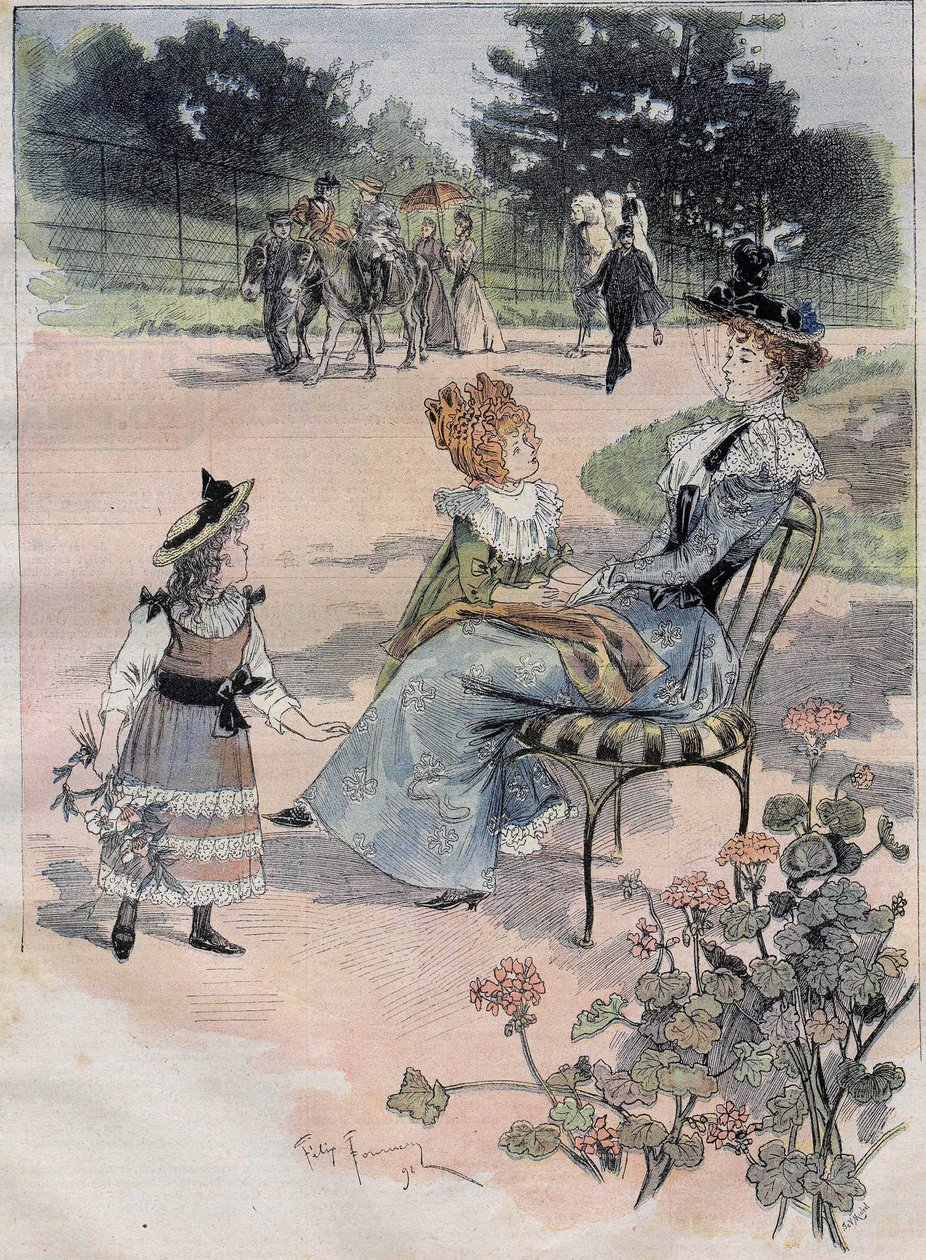 Dětská procházka do aklimatizační zahrady v Paříži v roce 1892. Rytina slévárenského akvarelu. od Felix Fournery