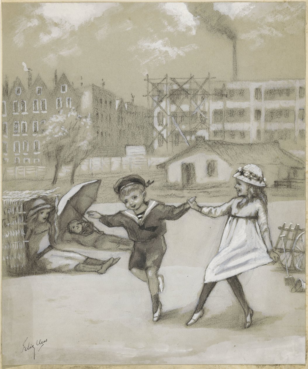 Tančící chlapec a dívka v městském parku nebo na hřišti od Felix Hess (signed by artist)