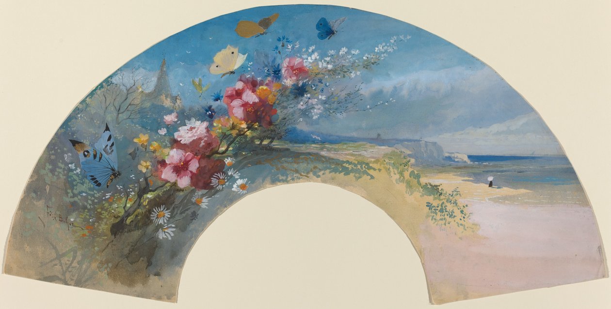 Vějíř s divokými květinami a motýly proti Normanskému pobřeží, c. 1875. od Felix Hilaire Buhot