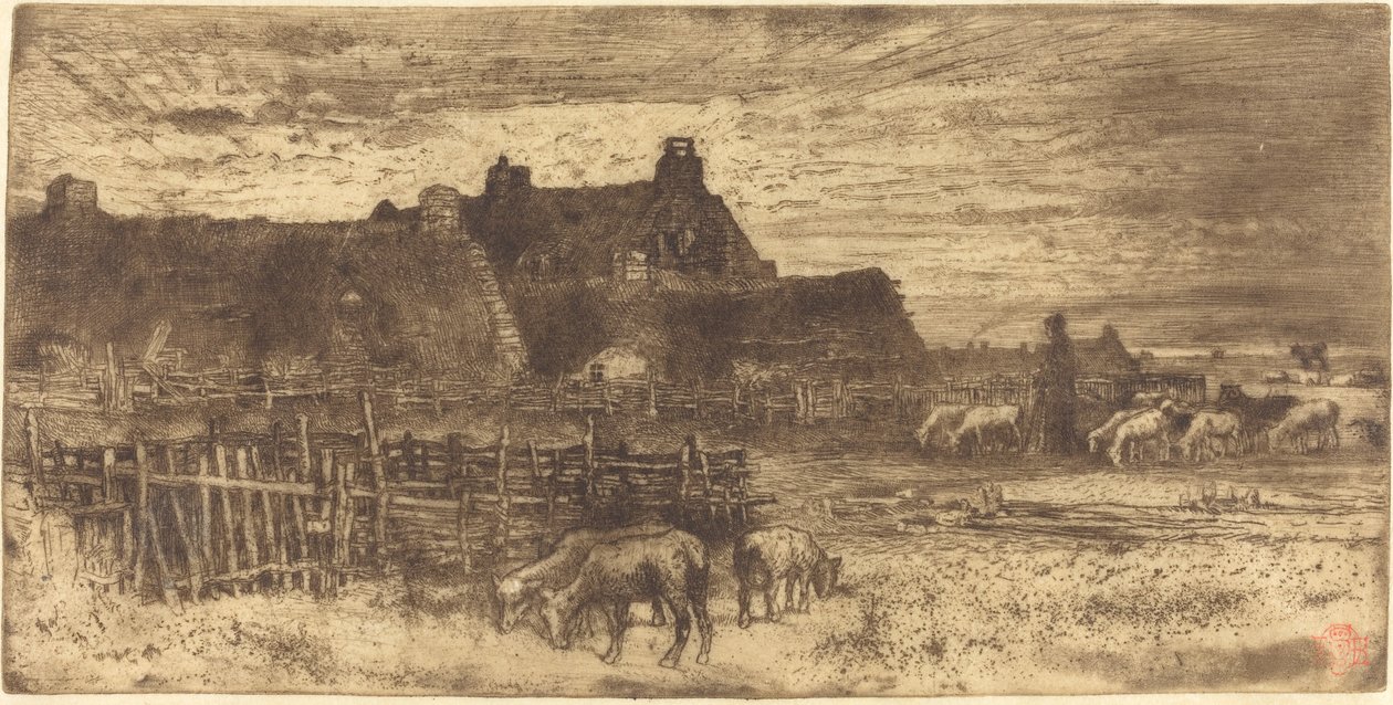 Les Bergeries, Soleil Couchant Pastorační scéna, Zapadající slunce. od Felix Hilaire Buhot
