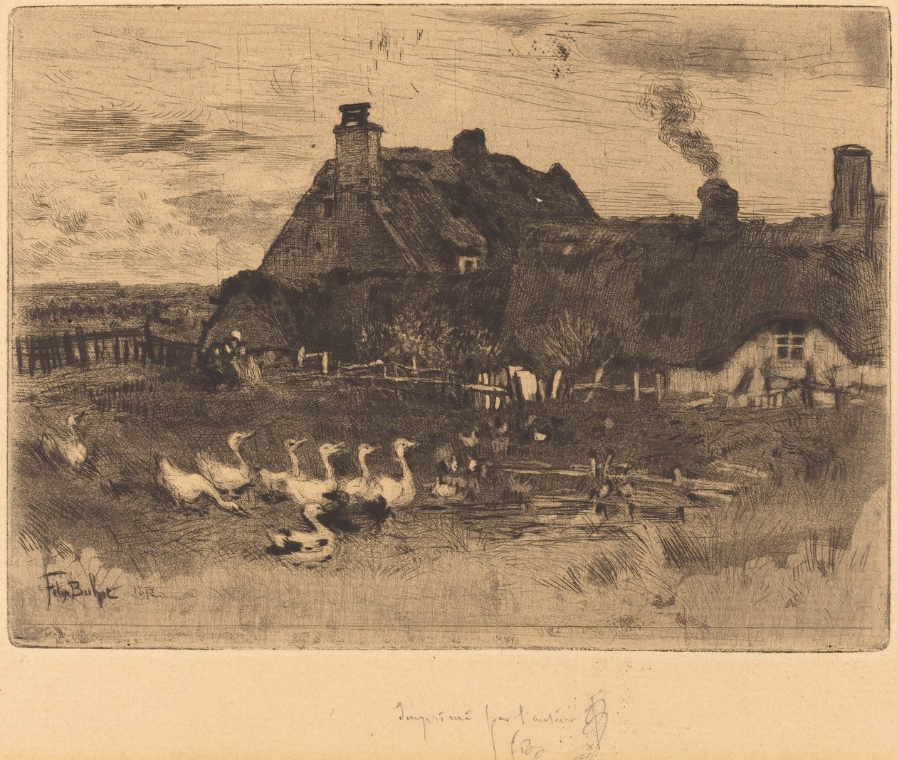 Les Petites Chaumières Doškové chaloupky--Small Plate, 1878. od Felix Hilaire Buhot