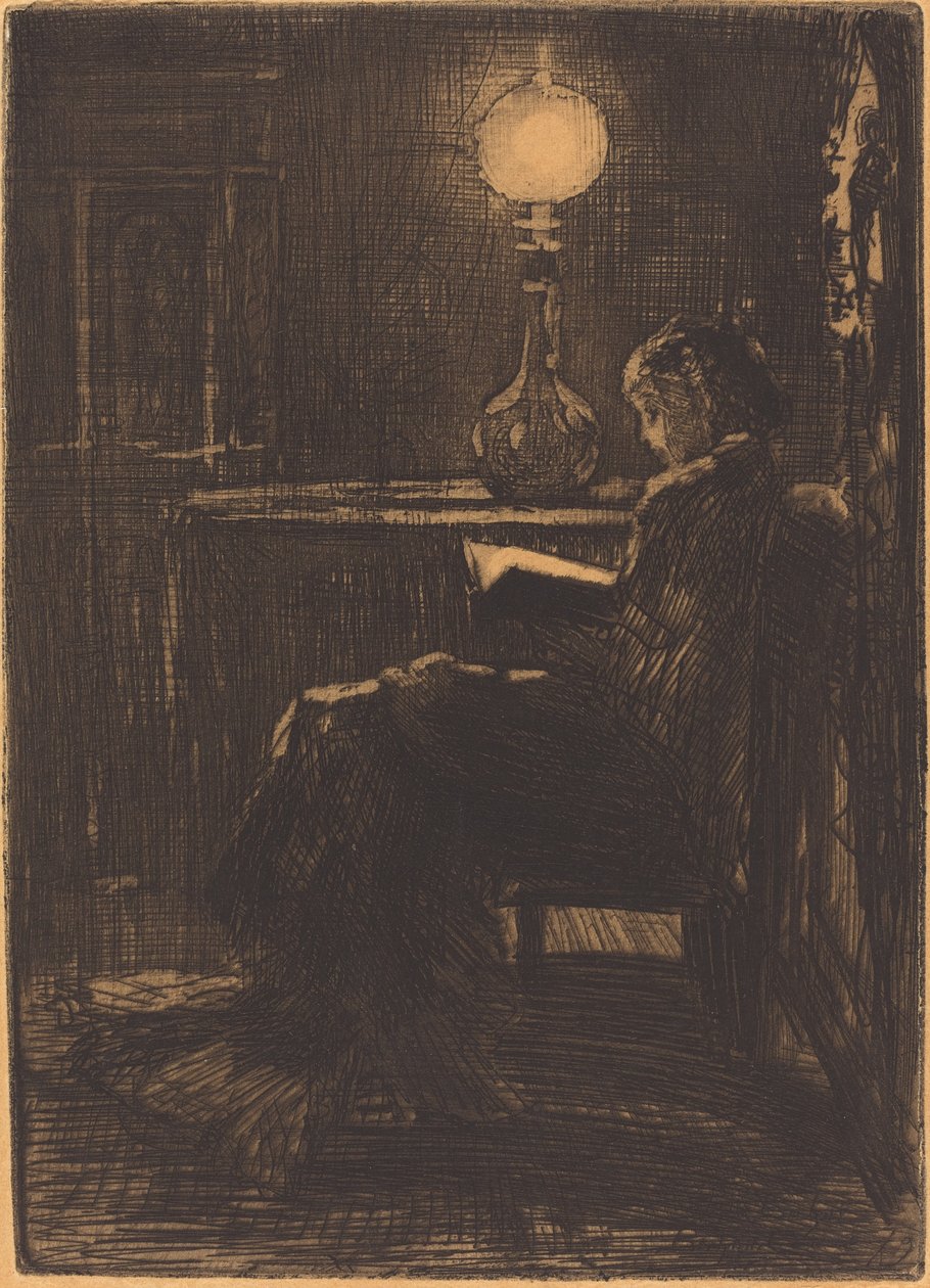 Žena čte ve světle lampy, 1879. od Felix Hilaire Buhot
