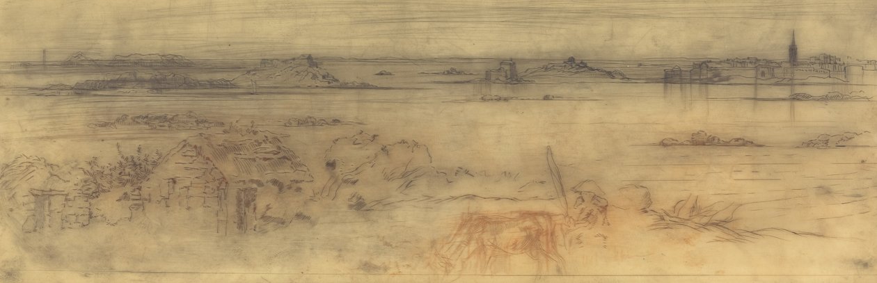 Přímořská krajina s opevněným městem vpravo, ostrovy vlevo a chatou v popředí, c1882. od Felix Hilaire Buhot