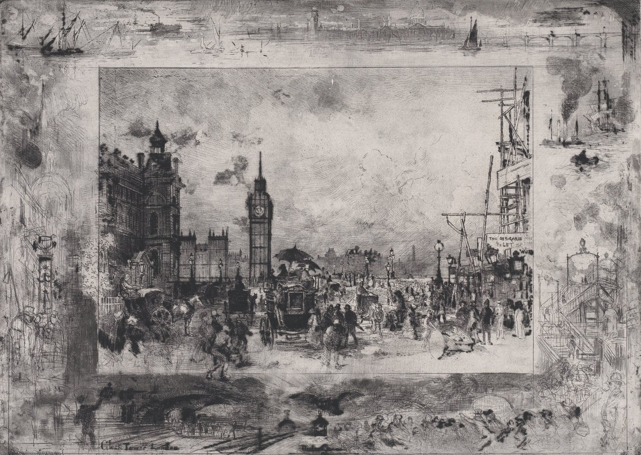Westminsterský most nebo Westminsterská hodinová věž, 1860-98. od Felix Hilaire Buhot