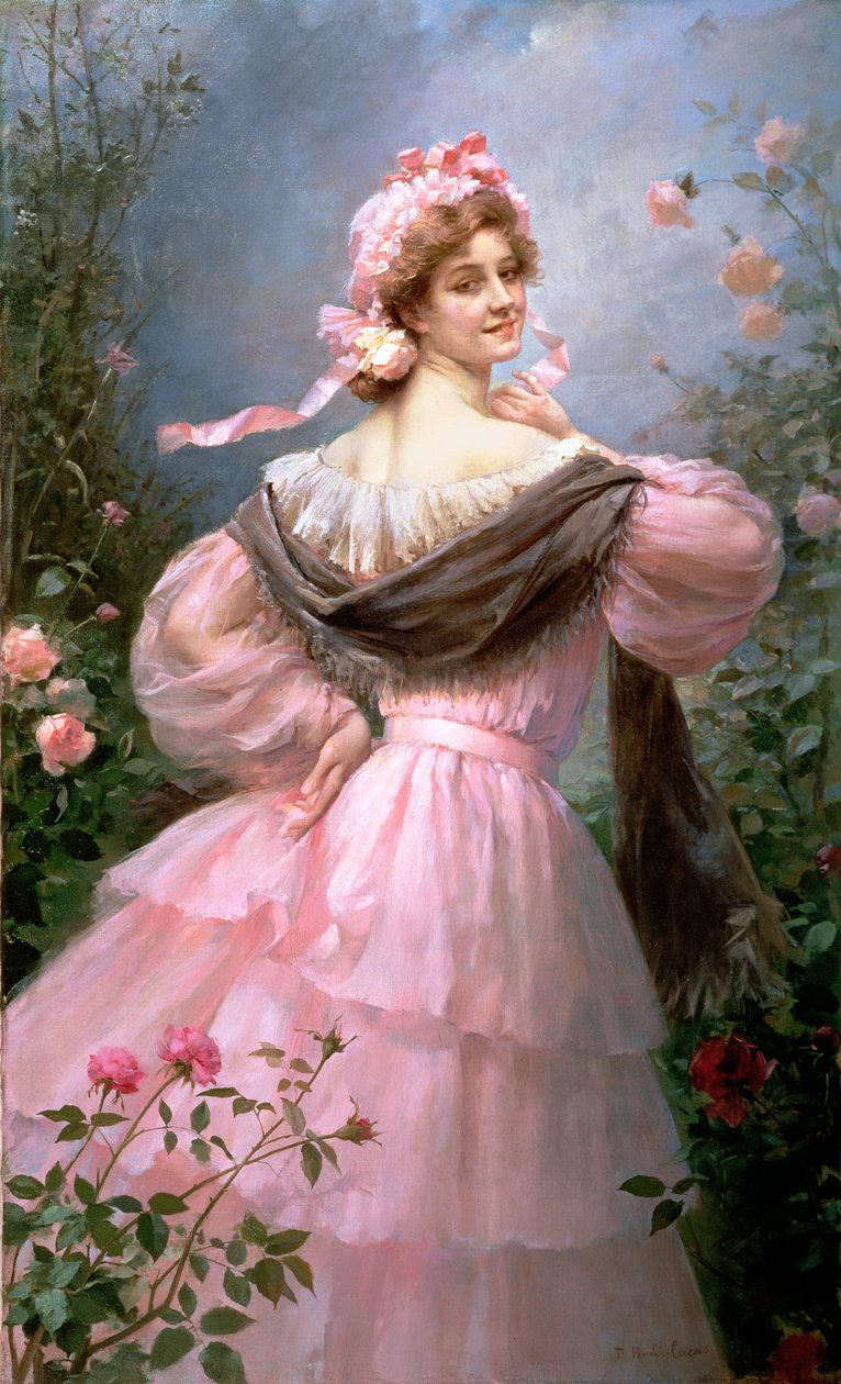 Elegantní žena v růžové zahradě od Felix Hippolyte Lucas