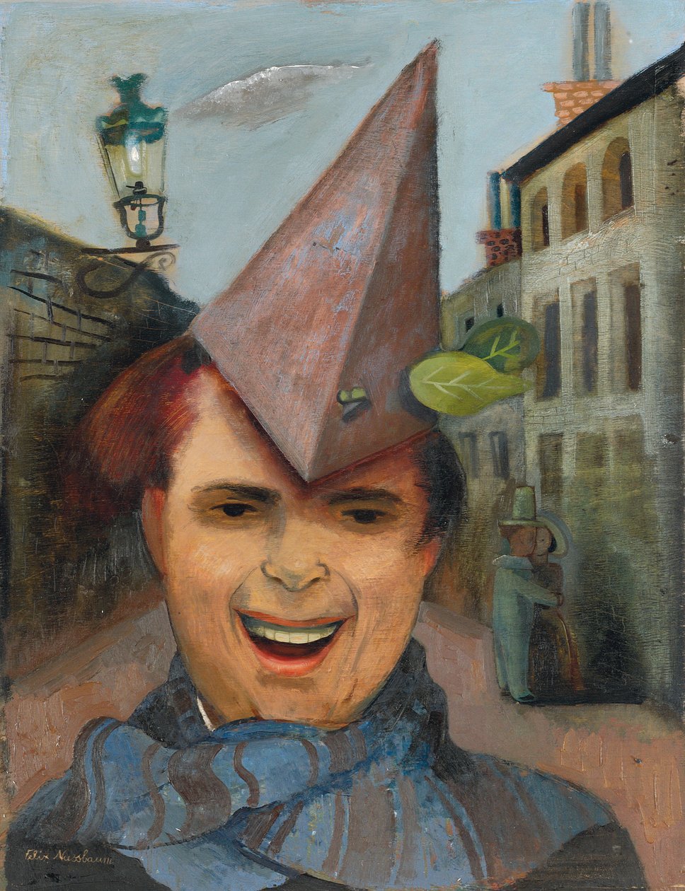 Autoportrét s papírovým kloboukem a modrým šátkem, kolem roku 1936 (olej na překližce) od Felix Nussbaum