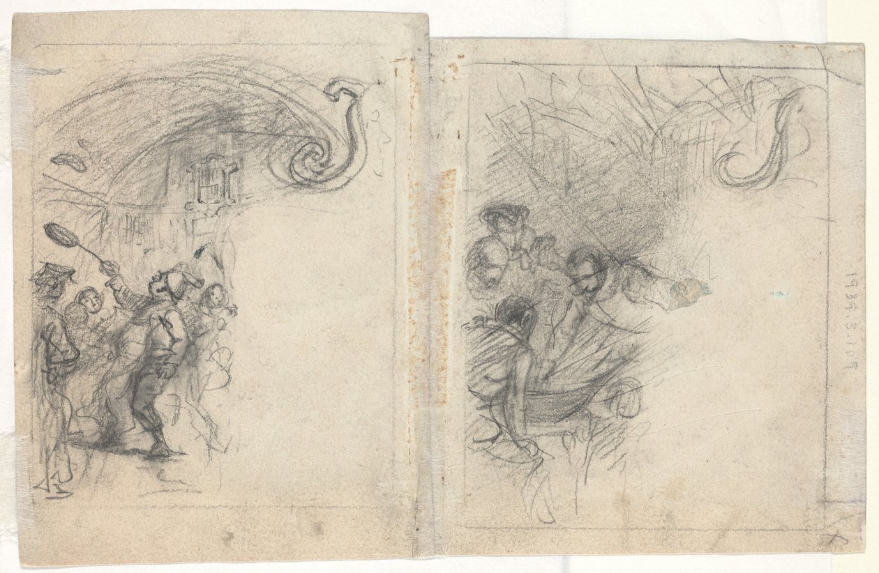 Šéfkuchař hází palačinky a skupina čtyř mužů [verso] od Felix Octavius Carr Darley