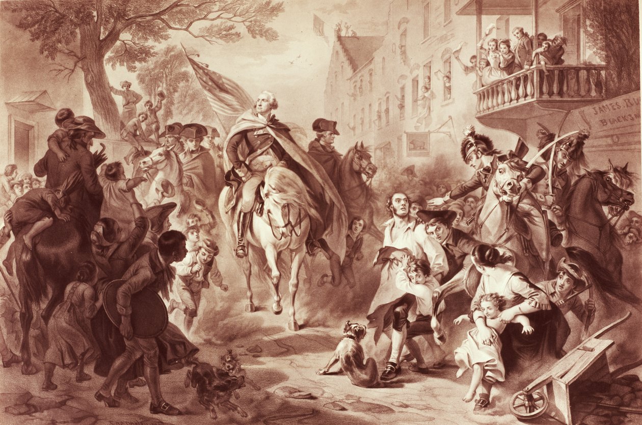 George Washington vstupuje do New Yorku v roce 1783, vyryl Alexander Hay Ritchie (1822-1895) (mezzotinta) od Felix Octavius Carr Darley
