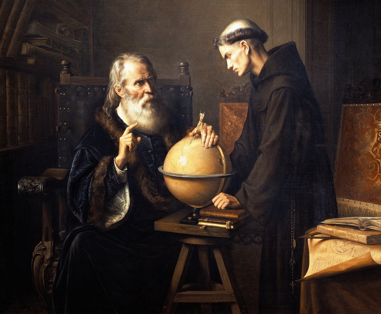 Portrét Galileo Galilei (1564-1642) vysvětlující své teorie na univerzitě v Padově od Félix Parra
