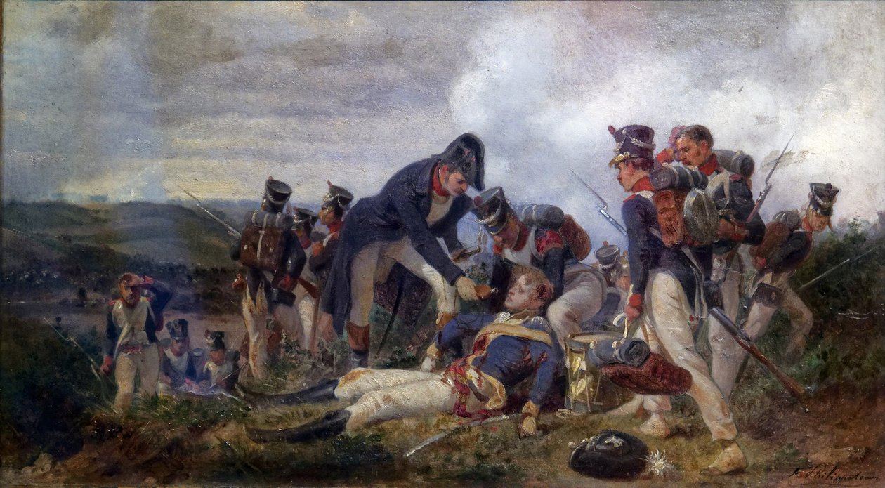 Důstojník řadové pěchoty zachraňující poručíka britského 13. pluku lehkých dragounů, 2. polovina 19. století (olej na plátně) od Felix Philippoteaux