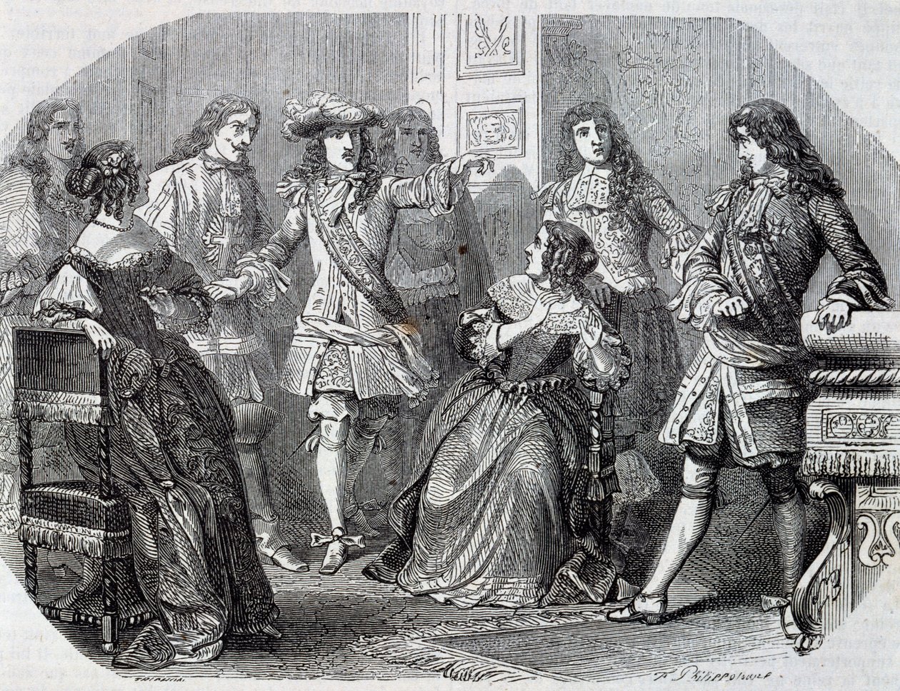 Zatčení Nicolase Fouqueta, správce financí, rytina Henri Felix Emmanuel Philippoteaux (1815-1884) z Vikomta z Bragelonne, Alexandre Dumas (1802-1870) od Felix Philippoteaux