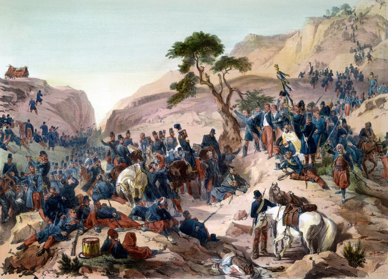 Epizoda dobývání Alžírska v roce 1840 - Bitva u průsmyku Mouzaia (1840) - Vévoda z Orleans vykonává velení ve francouzské armádě - rytina Philippoteaux - Francouzská armáda vyhrává bitvu Teniah of Mouzaia o horský průsmyk Mouzaia dne 1. od Felix Philippoteaux